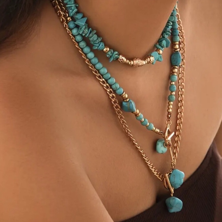 New Turquoise Gold Boho Stack Necklace Set